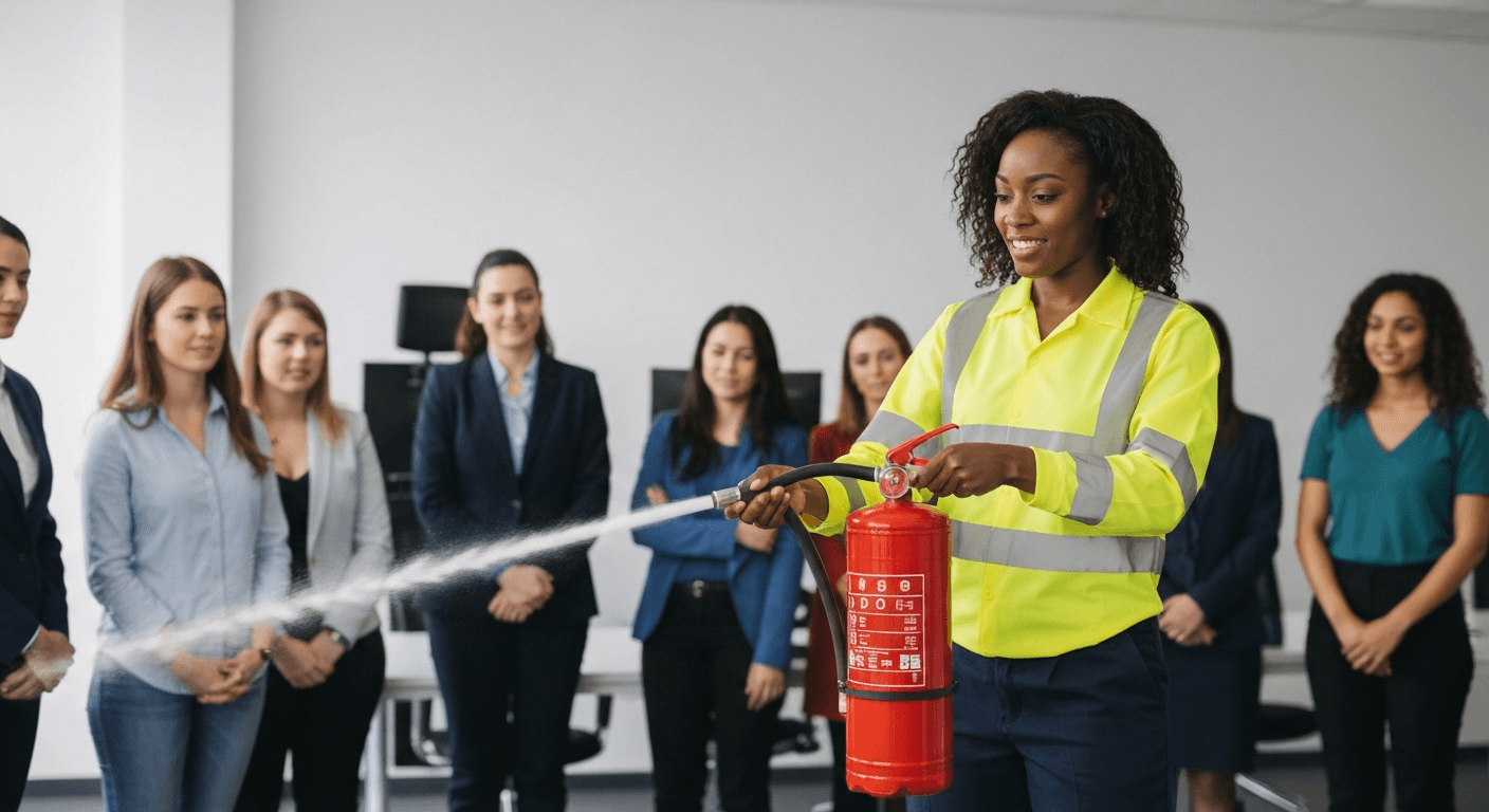 Fire marshal trainer demonstrating a fire extinguisher to workplace staff during a UK fire safety training session, Level 2 Award in Fire Safety for Fire Marshals