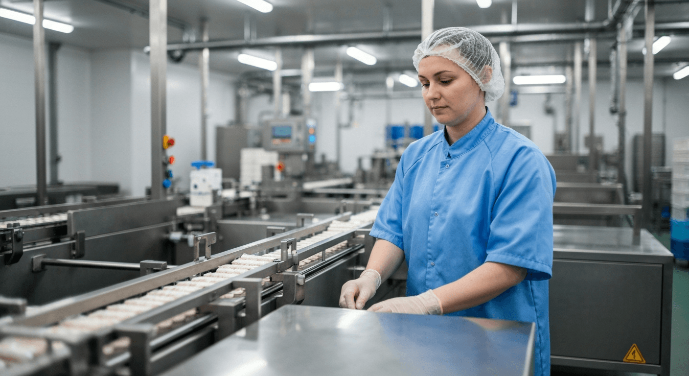 Food production operative in hygiene PPE working a clean stainless steel line in a UK food factory, RSPH Level 2 Food Safety for Manufacturing