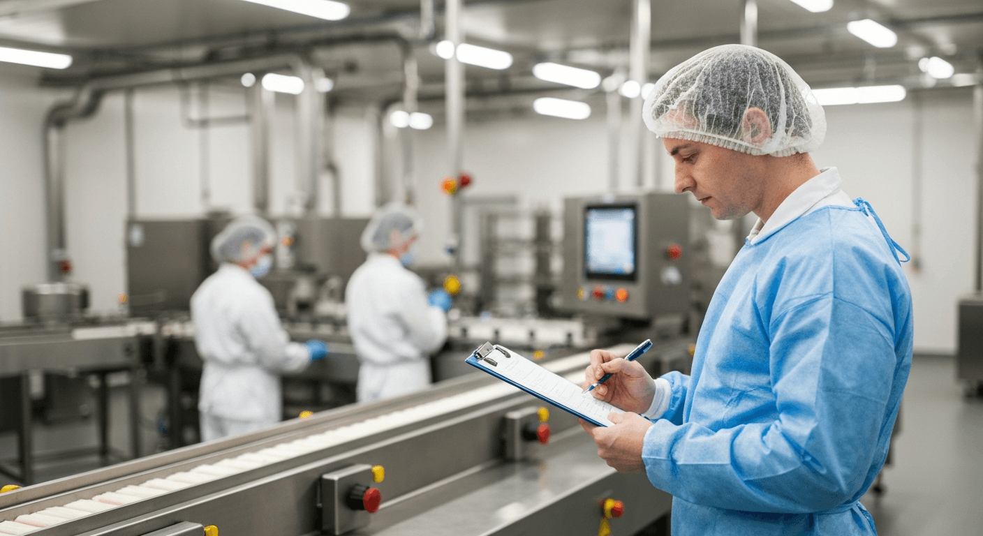 Production line supervisor reviewing food safety records beside a manufacturing line in a UK food factory, RSPH Level 3 Food Safety for Manufacturing