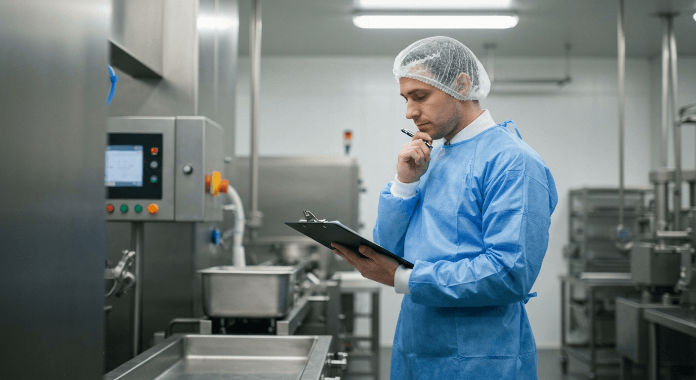 Technical manager reviewing HACCP documentation on a clipboard in a UK food production facility, RSPH Level 3 Develop a HACCP Plan