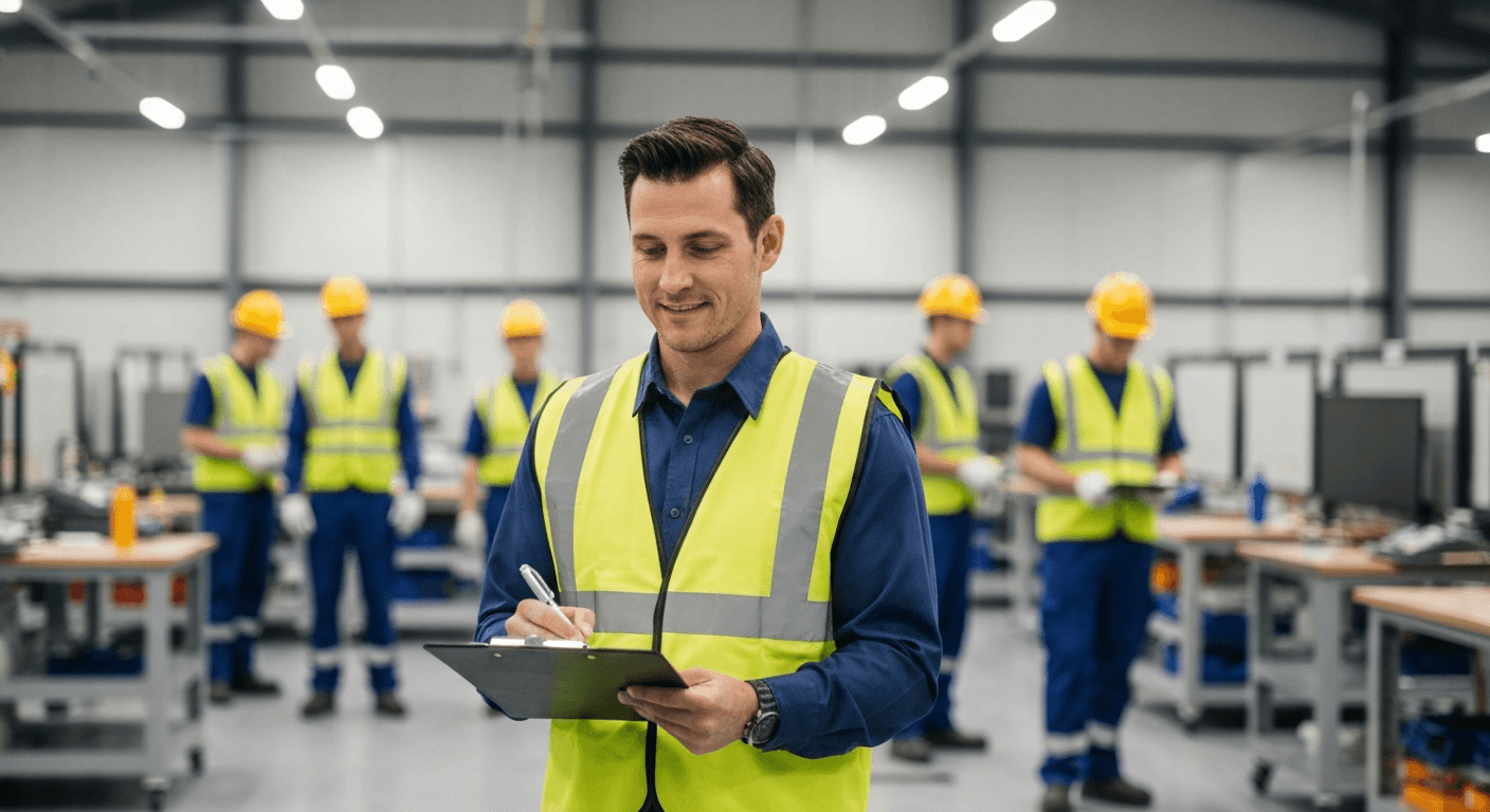 Workplace supervisor carrying out a safety walkthrough with a clipboard in a UK workplace, RSPH Level 3 Health and Safety for Supervisors