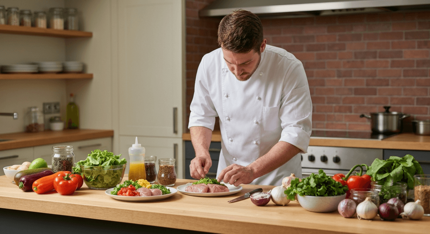 Chef composing a fresh, nutritionally balanced dish with vibrant vegetables in a modern UK kitchen, RSPH Level 2 Nutrition for Health