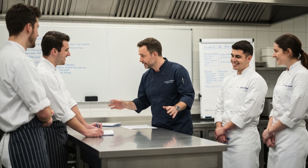 Trainer leading a food safety session with kitchen staff in a training kitchen
