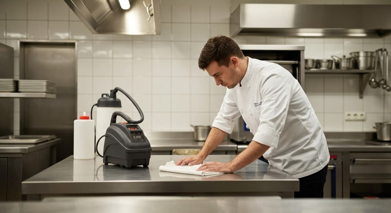 Chef deep-cleaning a stainless steel worktop in a commercial kitchen