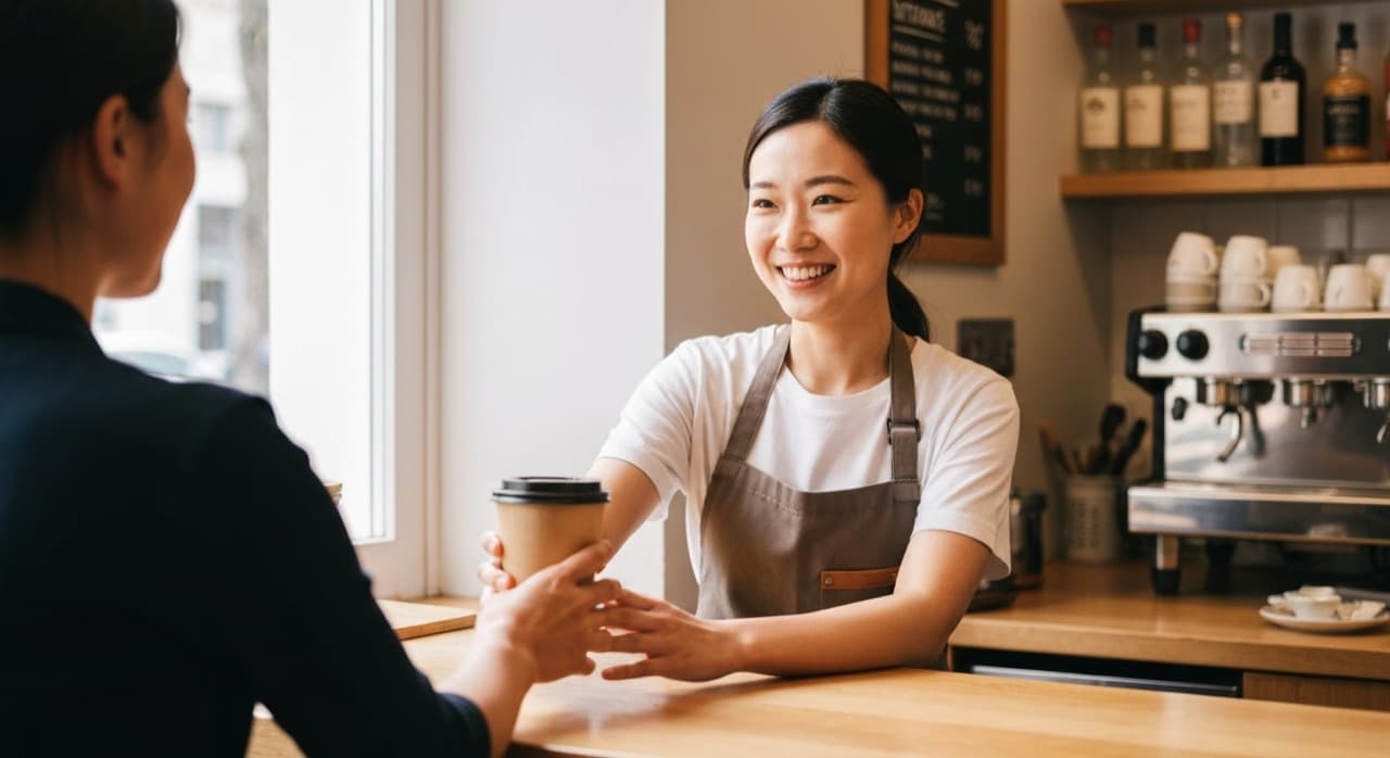 Barista handing a coffee to a customer in a newly opened café