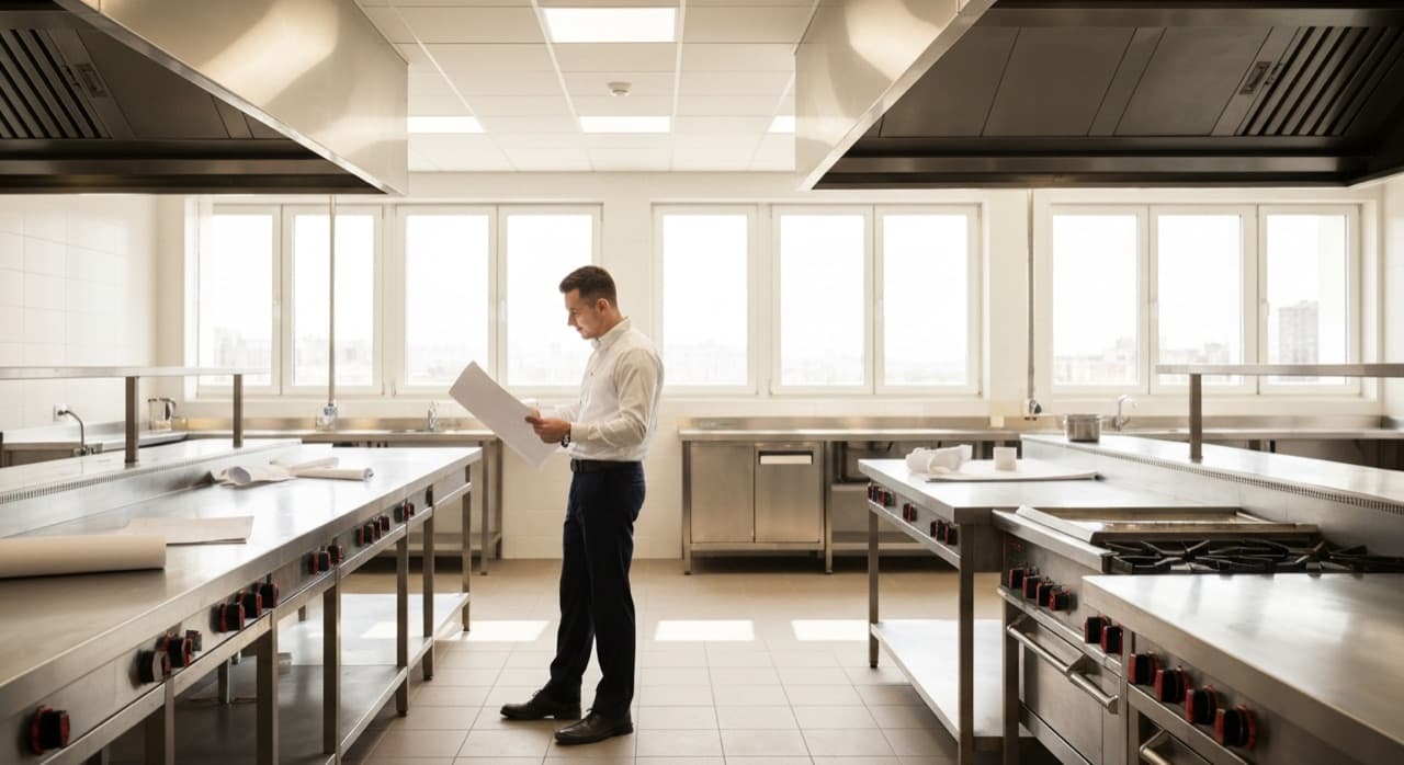 New restaurant owner reviewing plans in an empty, newly fitted commercial kitchen