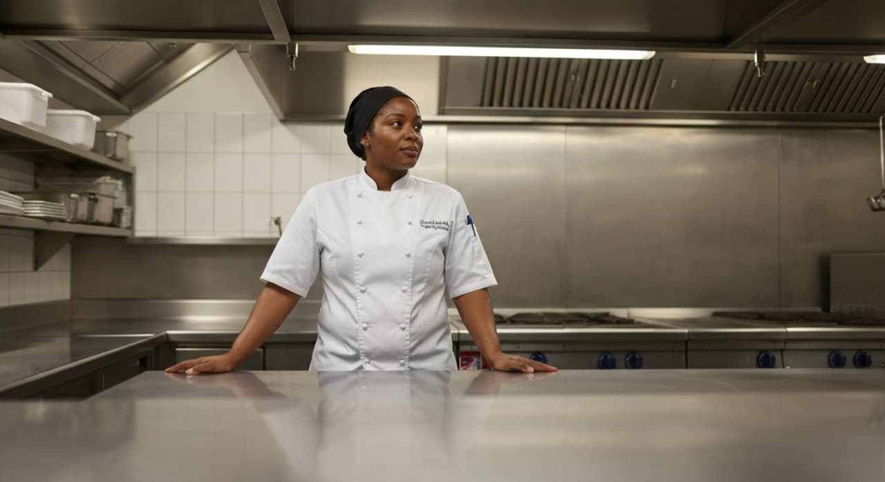 Head chef inspecting an immaculate, organised commercial kitchen