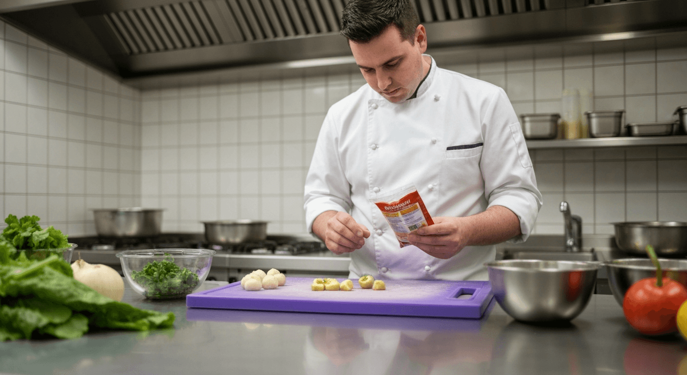 Chef using a dedicated allergen chopping board and checking ingredient labels in a clean UK kitchen, RSPH Level 2 Allergens