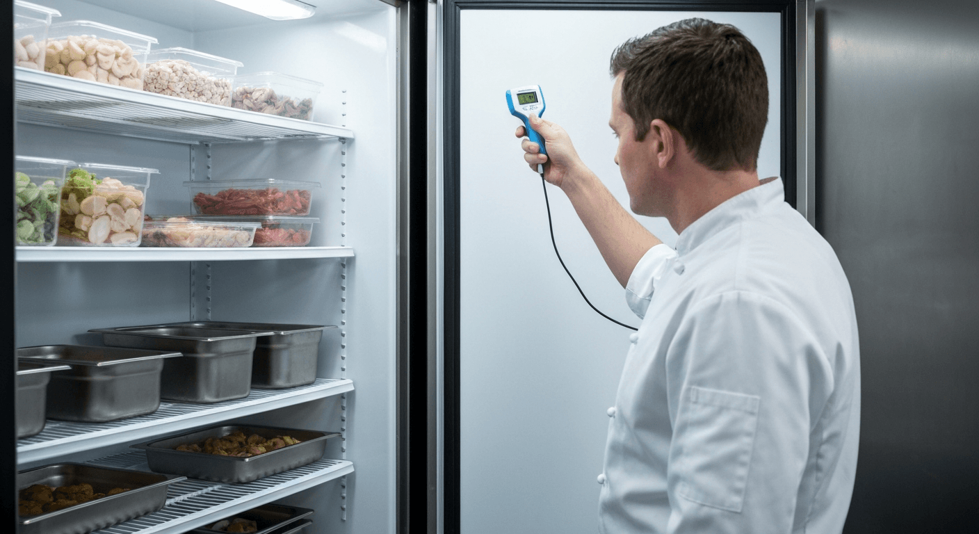 Chef checking a probe thermometer reading beside an open walk-in fridge with separated raw and ready-to-eat food
