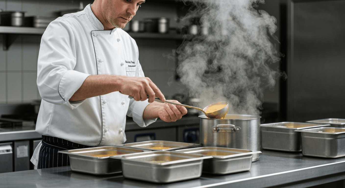 Chef portioning freshly cooked soup into shallow containers to cool it quickly