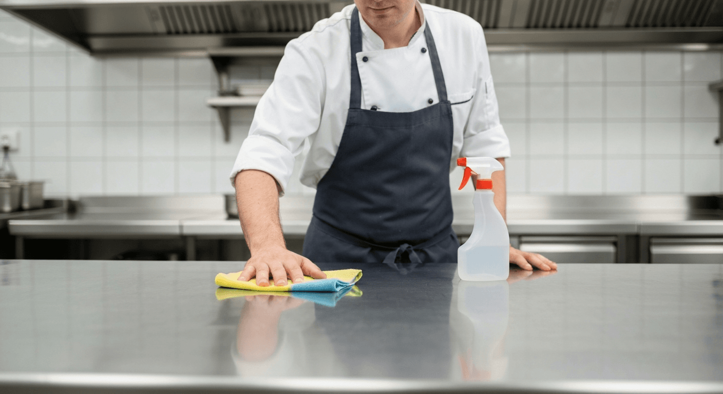 Chef cleaning a stainless steel worktop with a colour-coded cloth and disinfectant spray