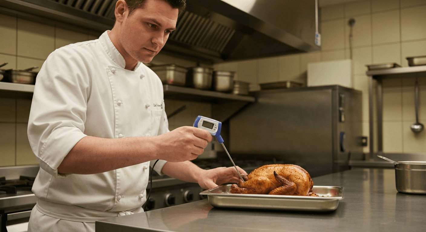 Chef inserting a digital probe thermometer into a roasted chicken to check its core temperature
