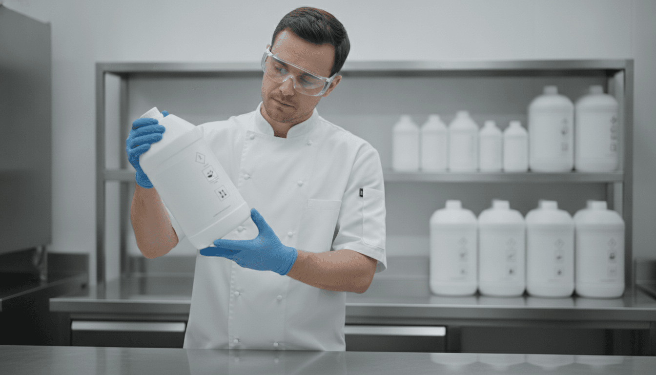 Kitchen worker in gloves and eye protection checking the hazard label on a cleaning chemical bottle in a UK commercial kitchen