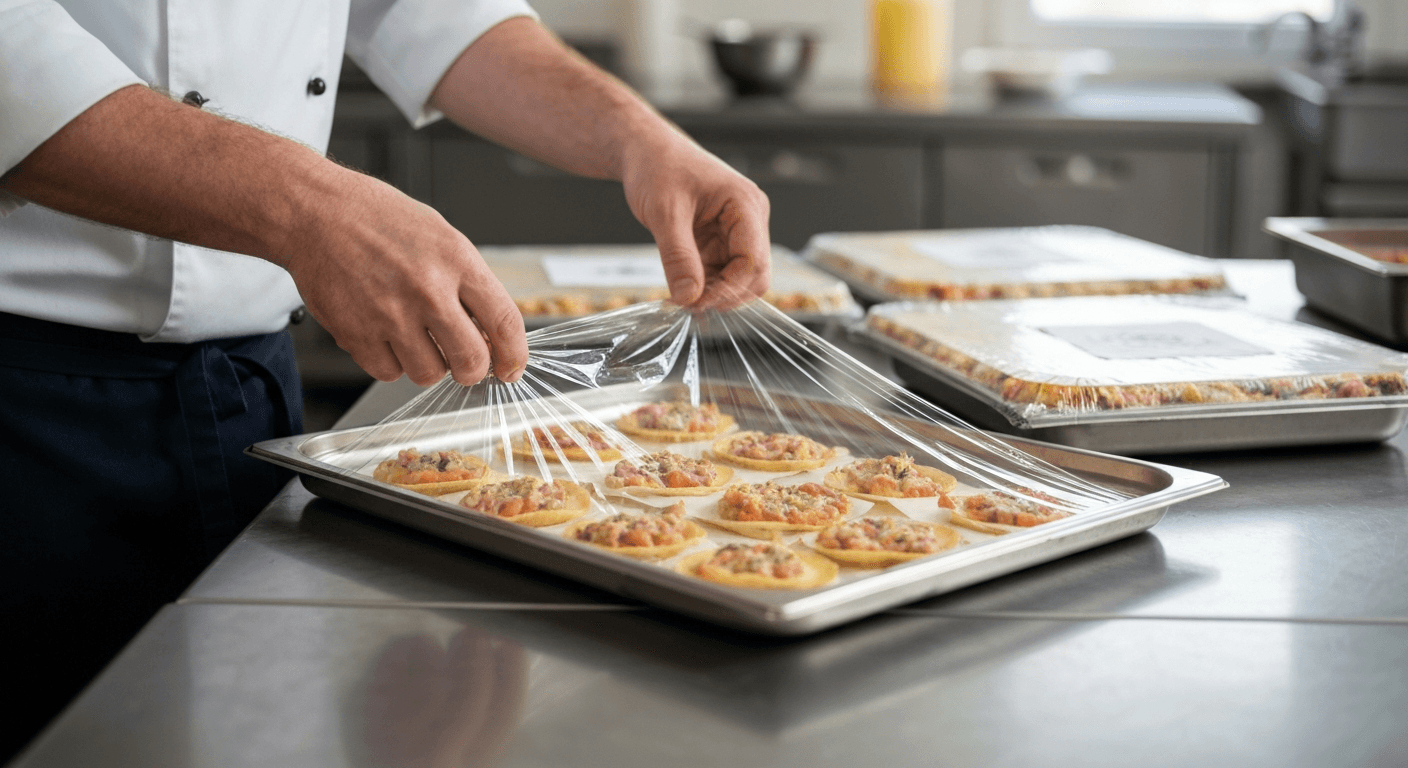 Chef covering a tray of prepped food with cling film in a UK commercial kitchen