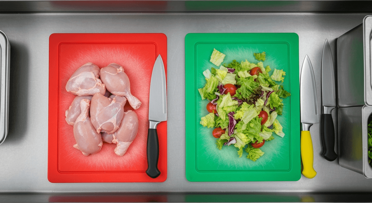 Separate red board for raw chicken and green board for salad on a UK commercial kitchen prep bench