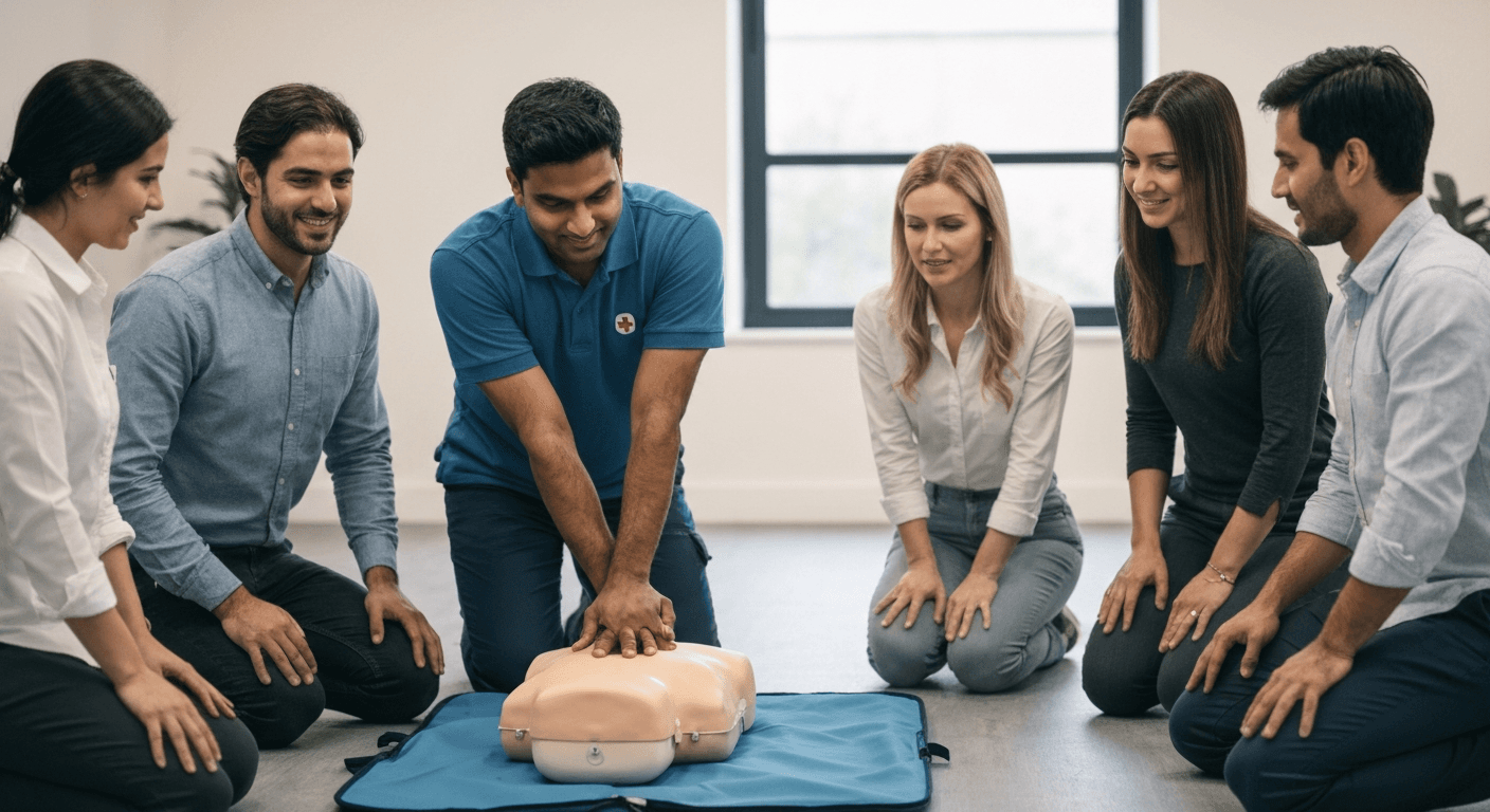 First aid trainer demonstrating chest compressions on a CPR manikin to workplace colleagues, Level 3 Emergency First Aid at Work
