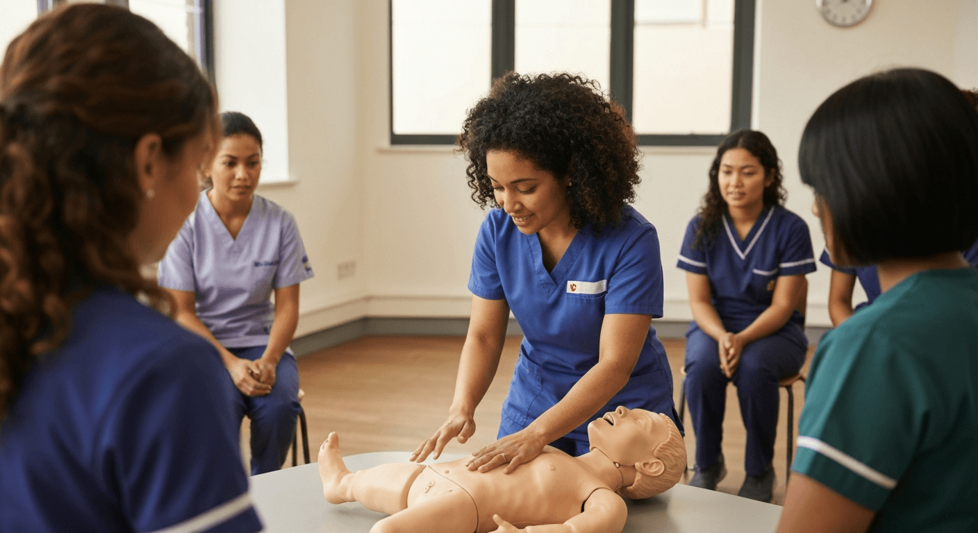 First aid trainer demonstrating infant first aid on a paediatric manikin to nursery practitioners, Level 3 Emergency Paediatric First Aid