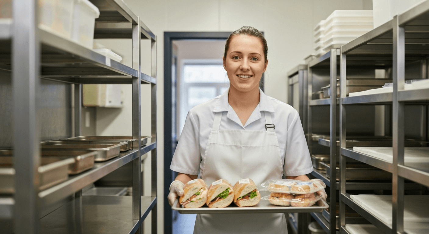 Kitchen porter and catering assistant handling wrapped food safely in a clean UK commercial kitchen, RSPH Level 1 Food Hygiene Awareness