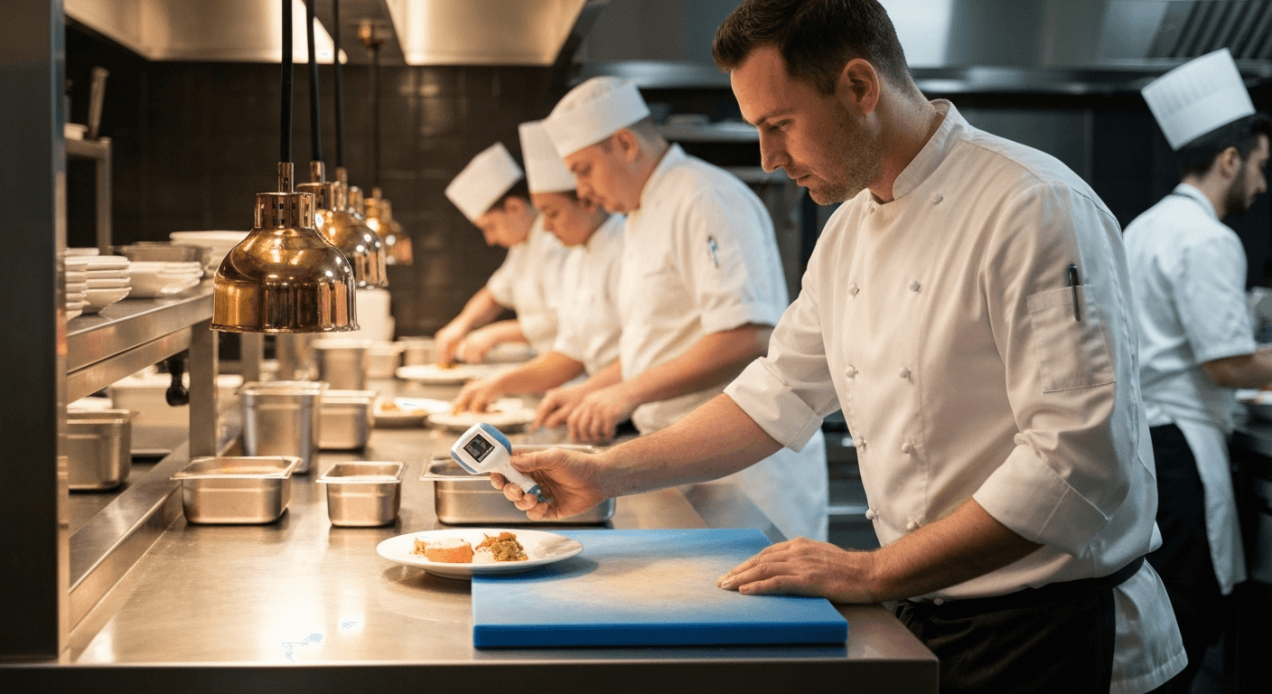 Head chef supervising food safety at the pass in a busy UK restaurant kitchen, RSPH Level 3 Supervising Food Safety and Hygiene (Catering)