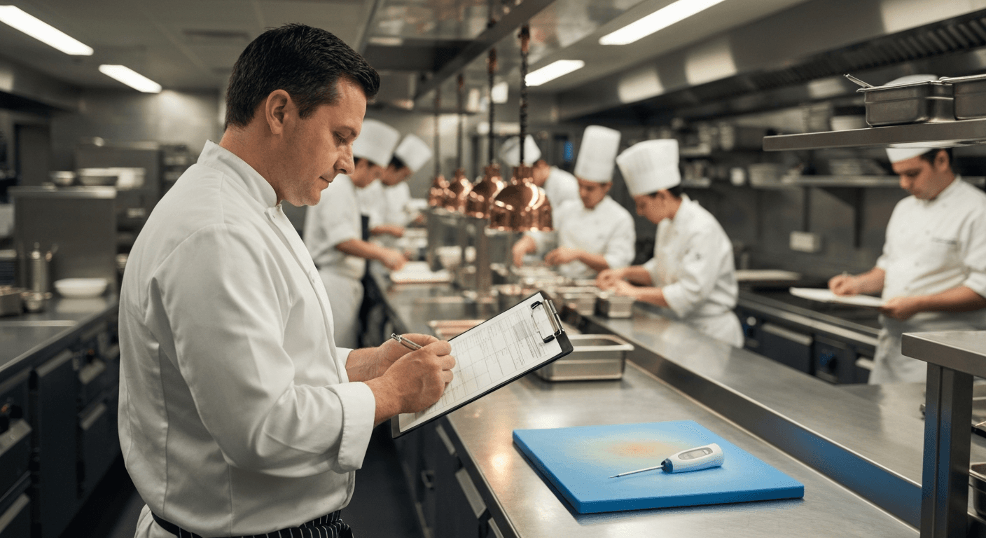 Senior head chef and catering manager reviewing food safety records on a stainless steel pass in a busy UK restaurant kitchen, RSPH Level 4 Managing Food Safety and Hygiene (Catering)