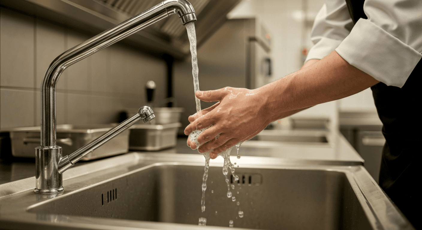 Level 2 food hygiene personal hygiene practice, chef thoroughly handwashing at a stainless steel basin in a UK commercial kitchen