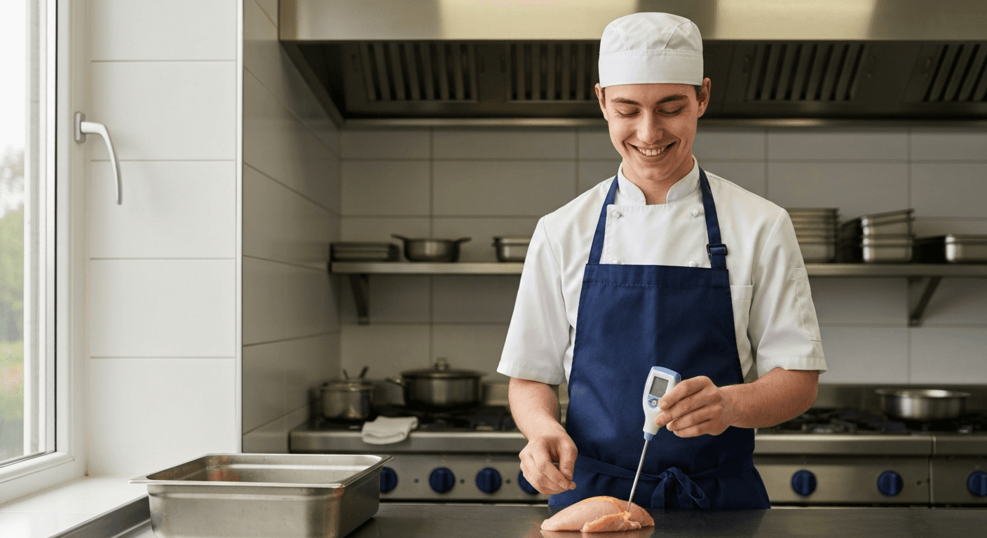 Trained UK food handler completing Level 2 food hygiene checks with a probe thermometer in a clean commercial kitchen