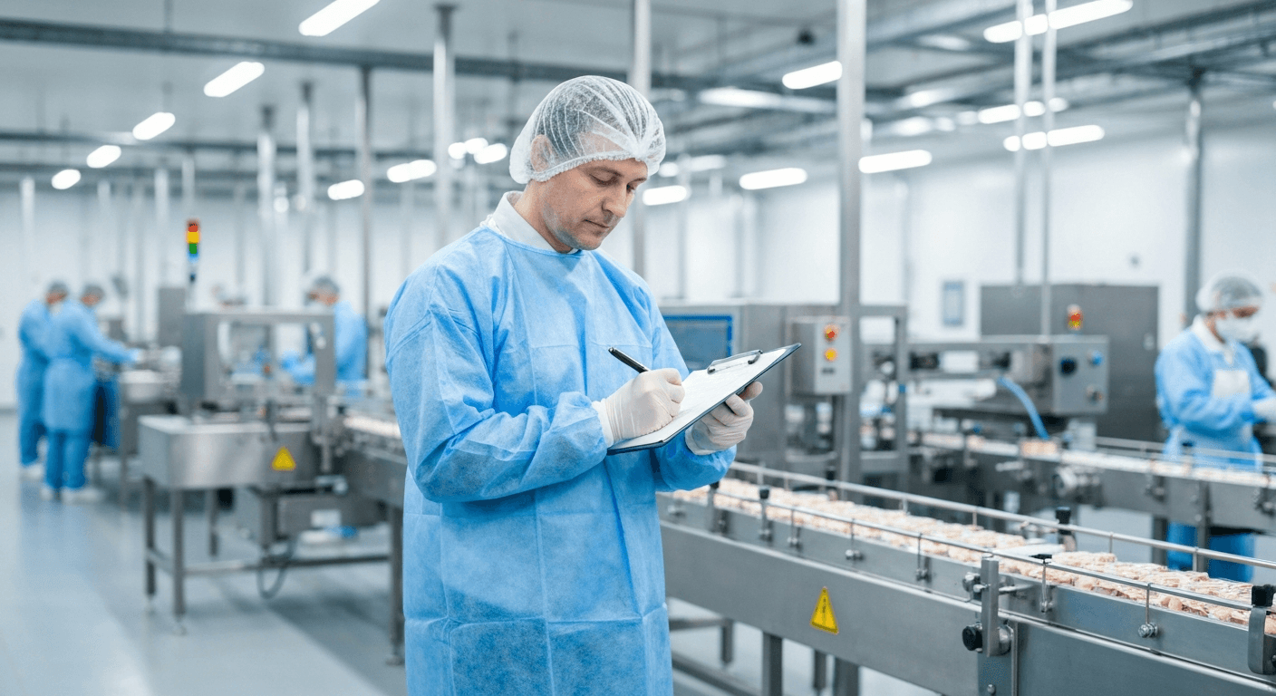 Senior food safety manager auditing a high-care production line in a UK food and drink manufacturing factory, RSPH Level 4 Managing Food Safety and Hygiene (Manufacturing)