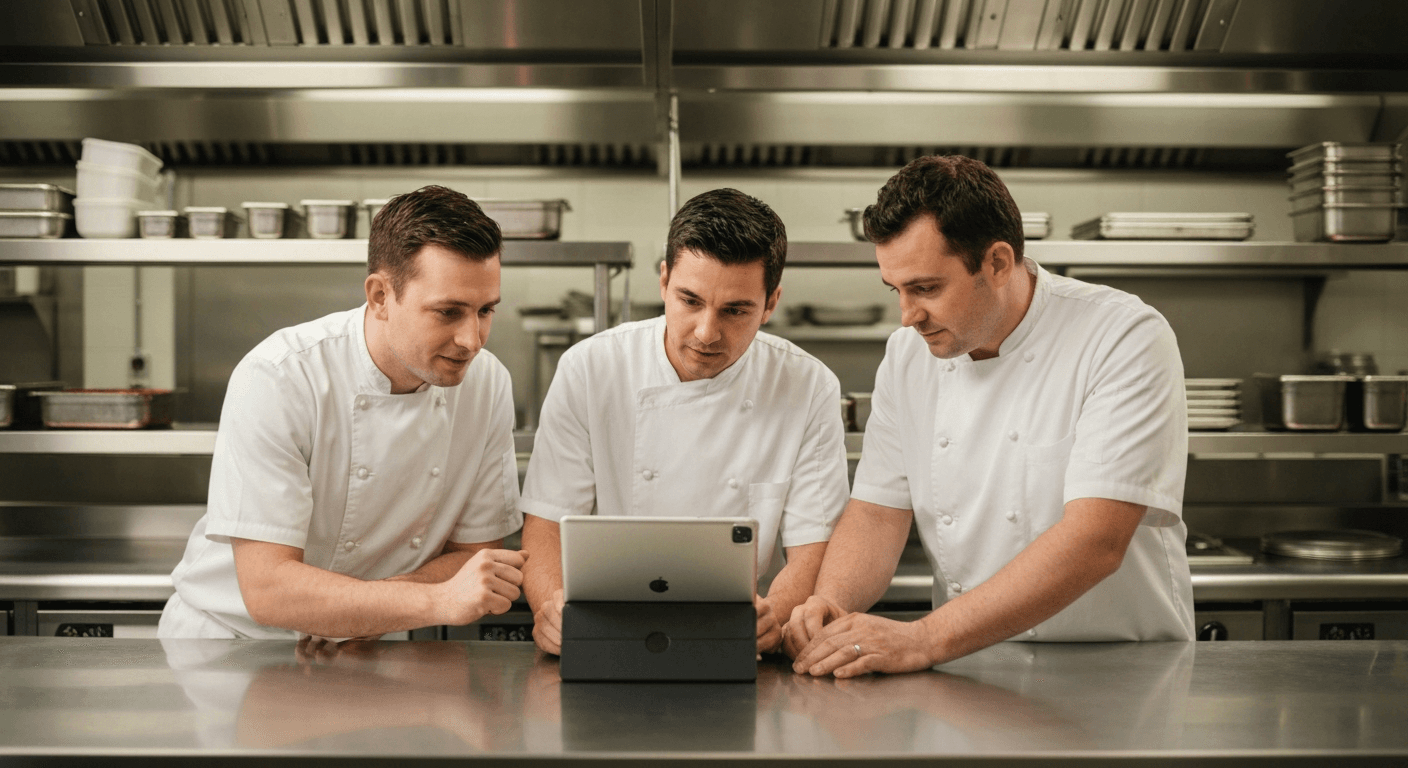 A UK kitchen team watching a short training video together on a tablet during a break