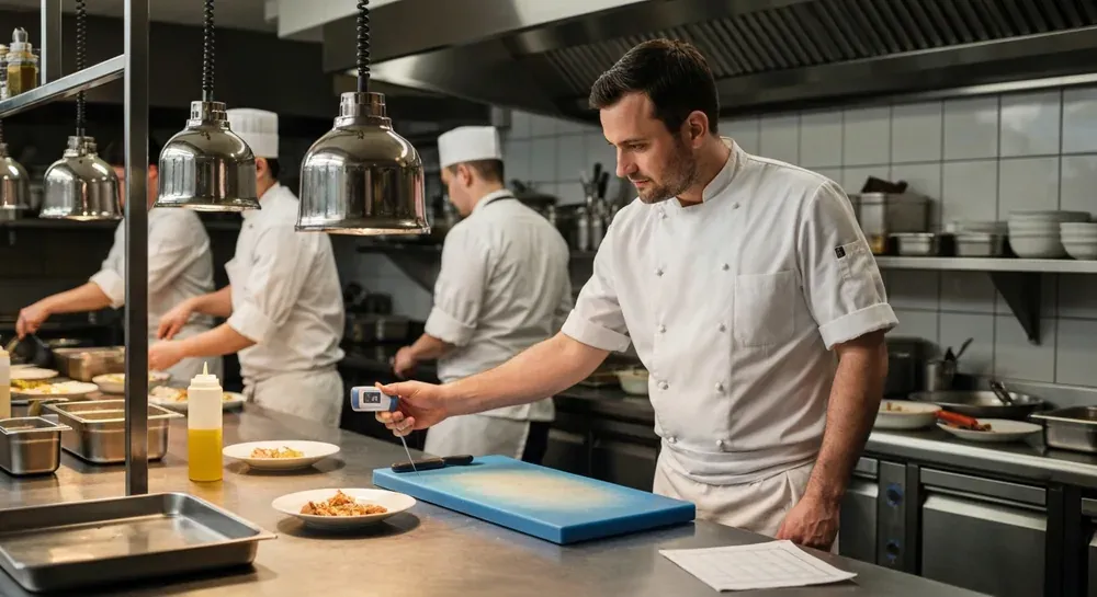 Head chef and kitchen supervisor checking food safety at the pass with a probe thermometer in a busy UK restaurant kitchen, online Level 3 Food Safety and Hygiene for Supervisors in Catering