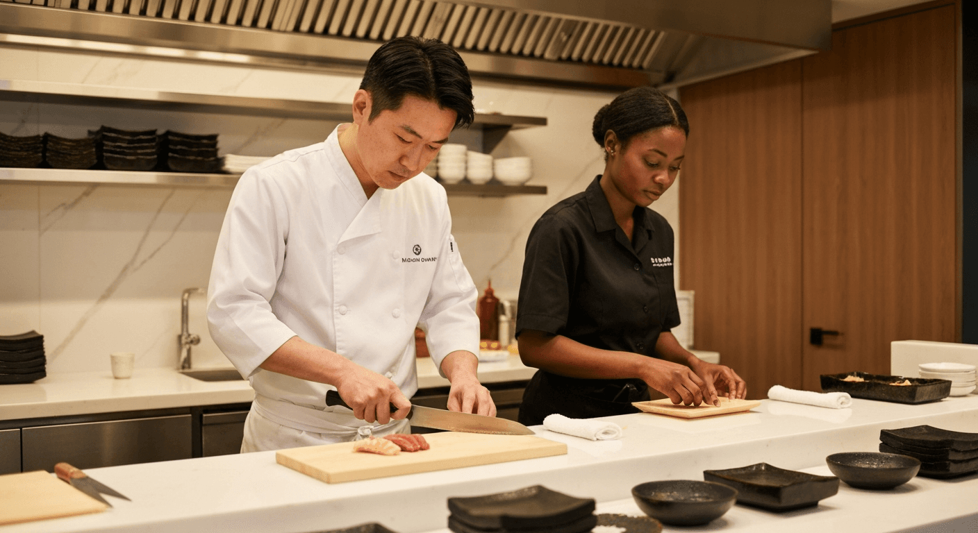 Sushi chef slicing sashimi with precise knife work at a pristine counter, Food Safety and Hygiene for Sushi and Sashimi