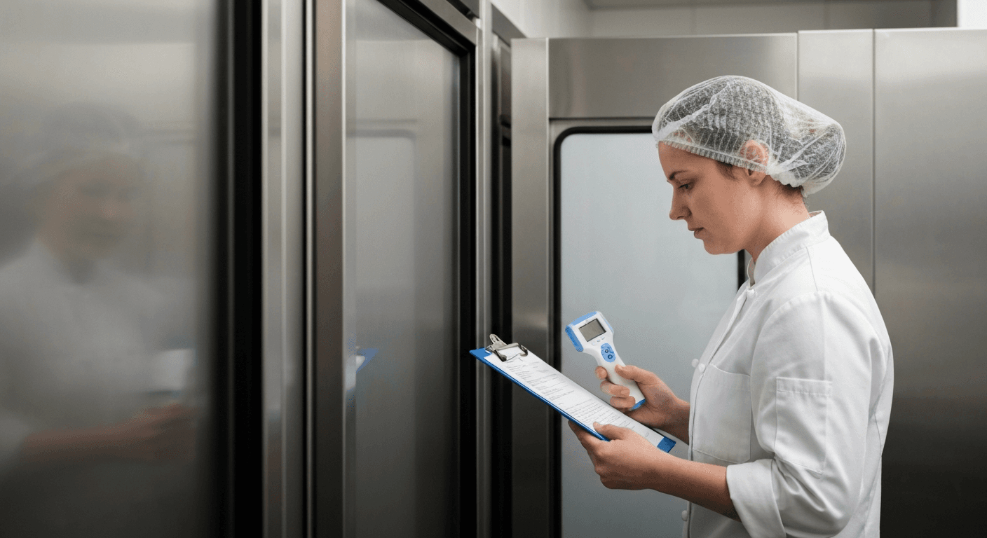 Food worker checking a temperature monitoring record beside a chilled store in a UK food business, RSPH Level 2 Understanding HACCP