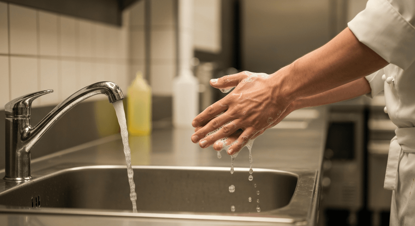 Chef washing hands thoroughly with liquid soap at a dedicated hand-wash basin in a UK commercial kitchen