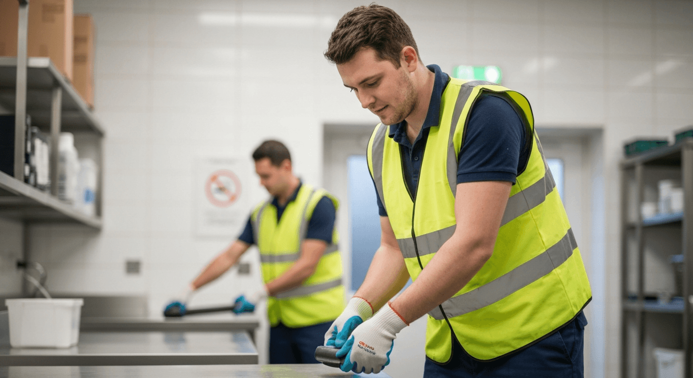 Worker carrying out a task safely in appropriate PPE in a UK workplace, RSPH Level 2 Health and Safety in the Workplace