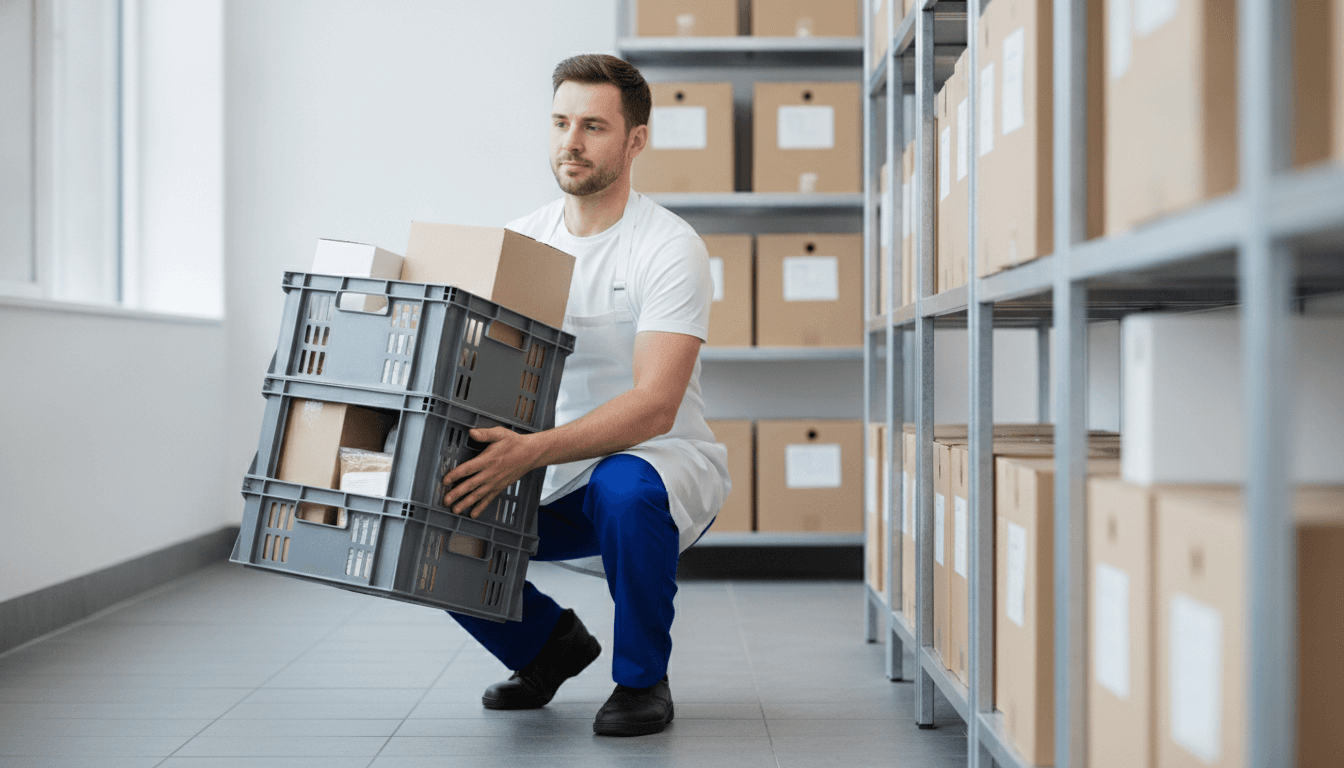 Kitchen porter correctly lifting a stacked crate of stock with bent knees and a straight back in a UK commercial kitchen goods-in area