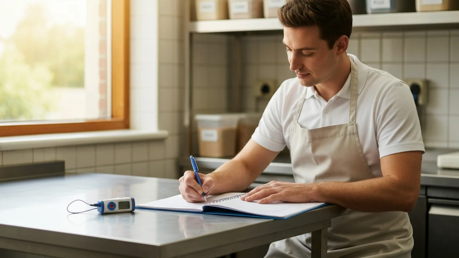 UK catering business owner completing the Safer Food Better Business diary by hand beside a digital probe thermometer in a bright commercial kitchen
