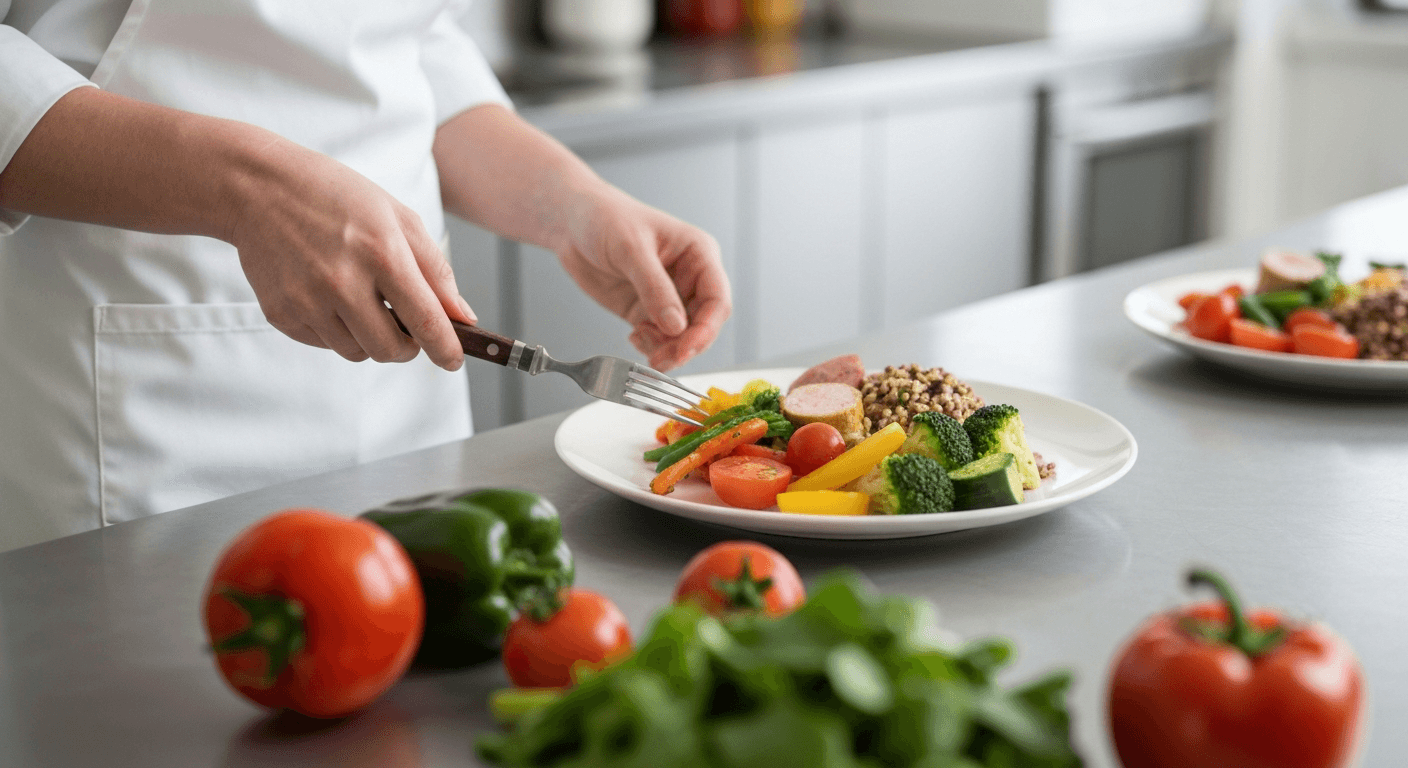 Catering assistant plating a colourful, balanced, healthy meal in a clean UK kitchen, RSPH Level 1 Nutrition for Health
