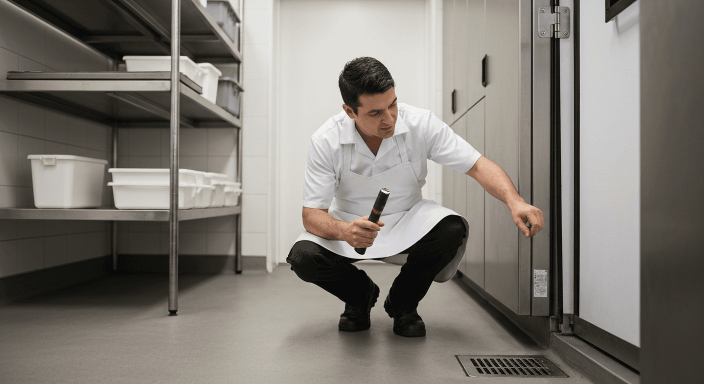Kitchen porter checking a sealed door strip and drain cover for pest proofing in a UK commercial kitchen