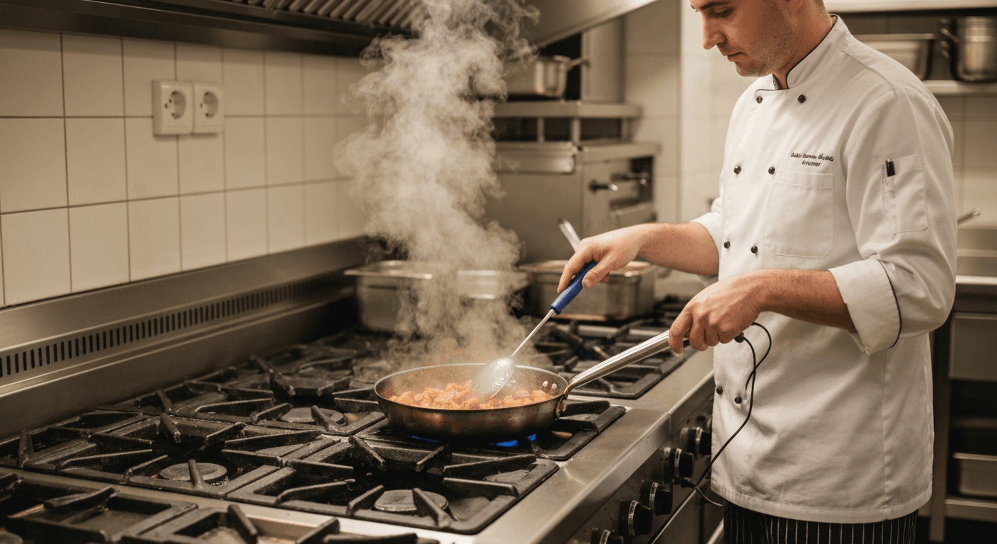 Chef stirring reheated food on a hob while holding a digital probe thermometer