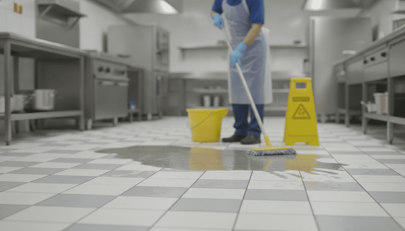 Cleaner mopping a spill beside a yellow wet-floor warning sign on a UK commercial kitchen floor