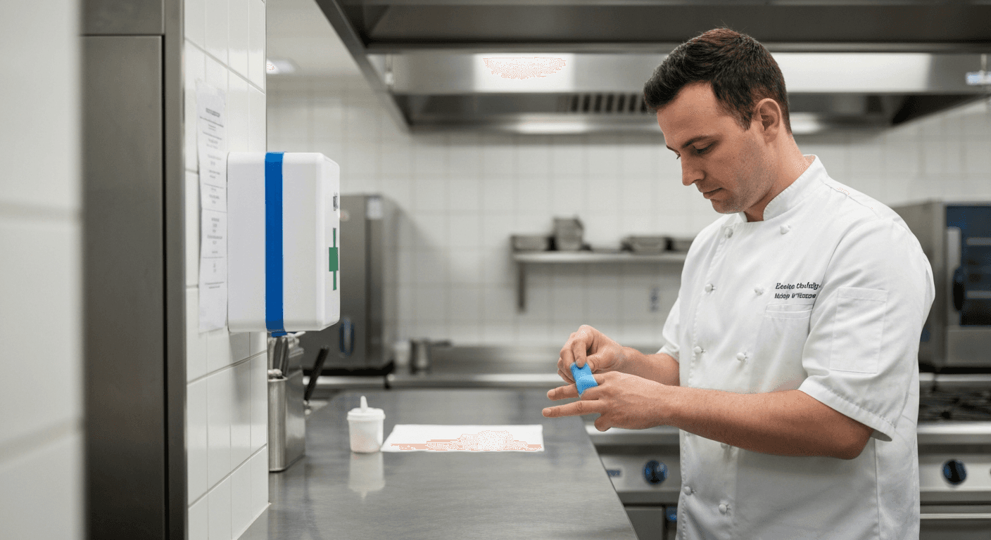 Kitchen manager applying a blue detectable plaster to a colleague at a first aid station