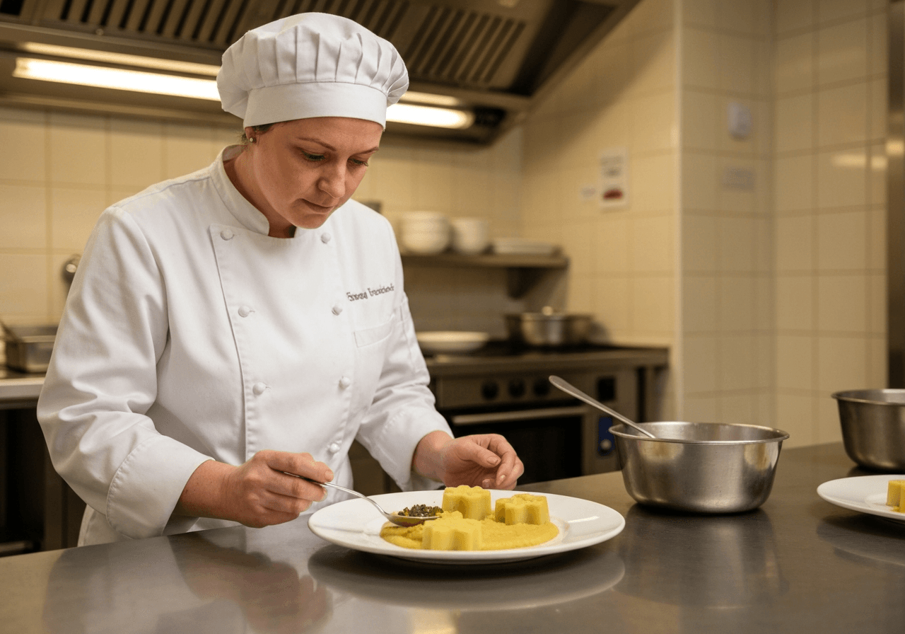 Care home chef preparing texture-modified meals with colour-coded equipment