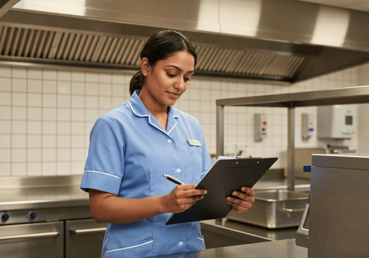 Care home kitchen manager reviewing a HACCP plan with a food safety consultant