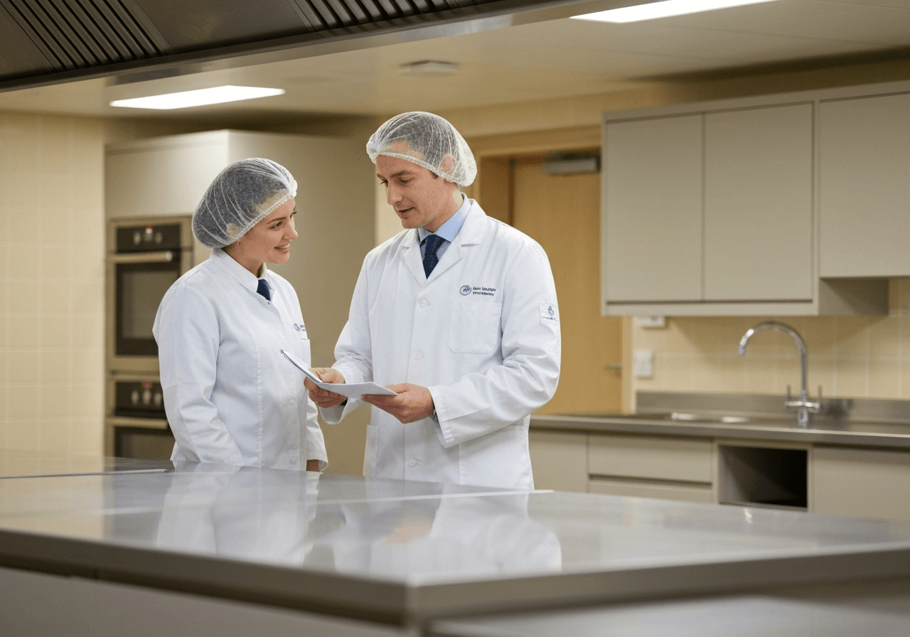 Food safety consultant reviewing care home kitchen compliance documentation