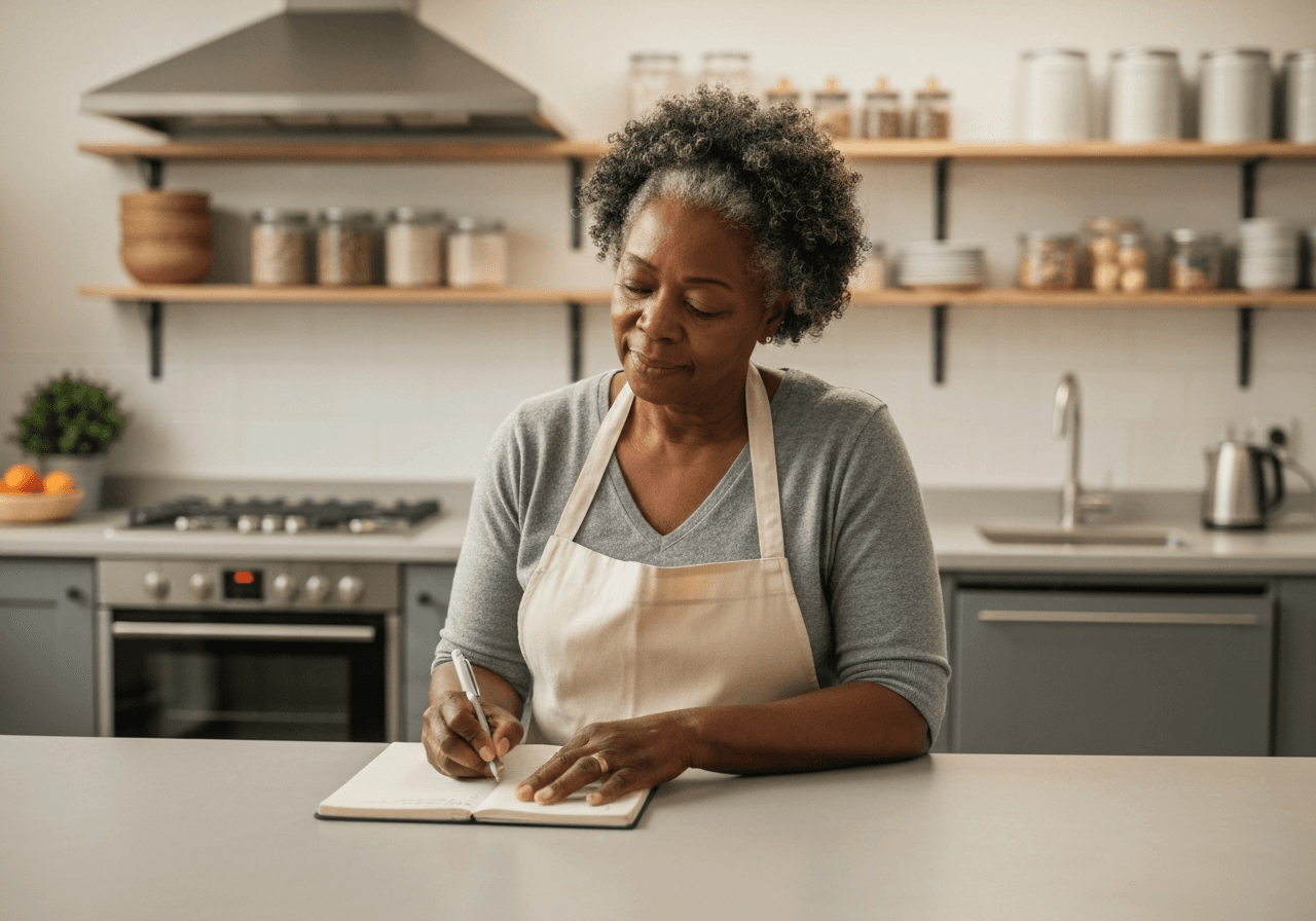 Community kitchen coordinator reviewing simple food safety records on a clipboard