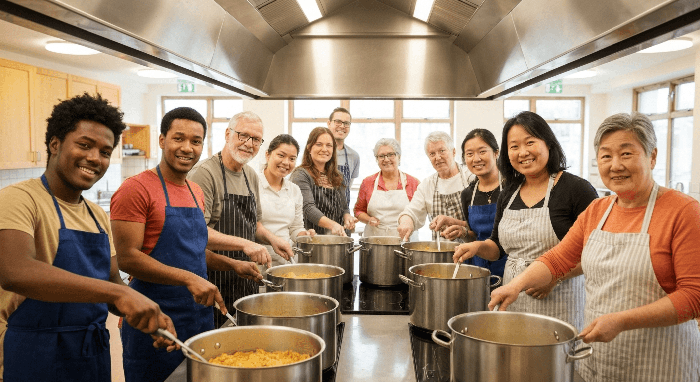 Community kitchen volunteers serving meals at a food bank distribution event