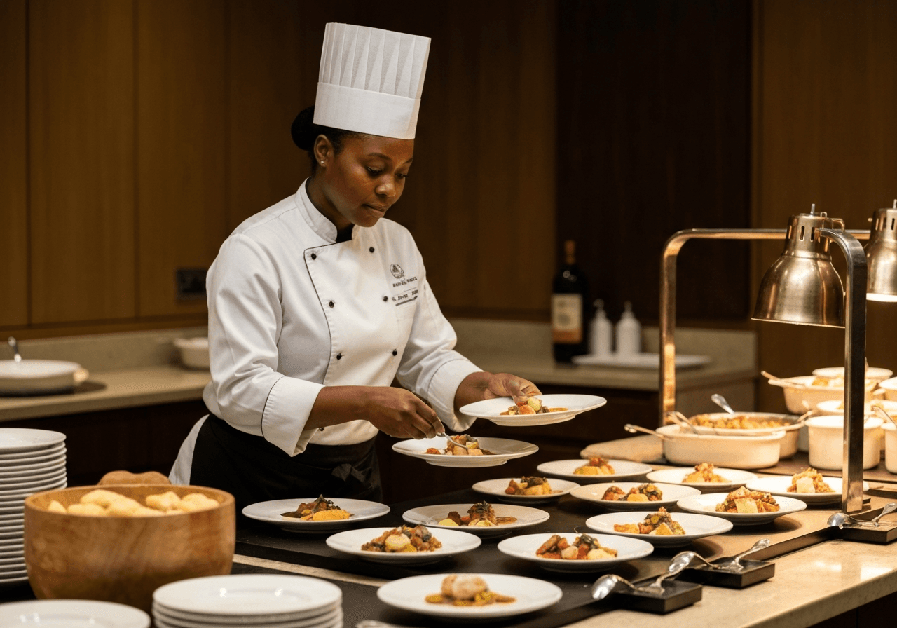 Hotel breakfast buffet with clear allergen information cards beside each dish