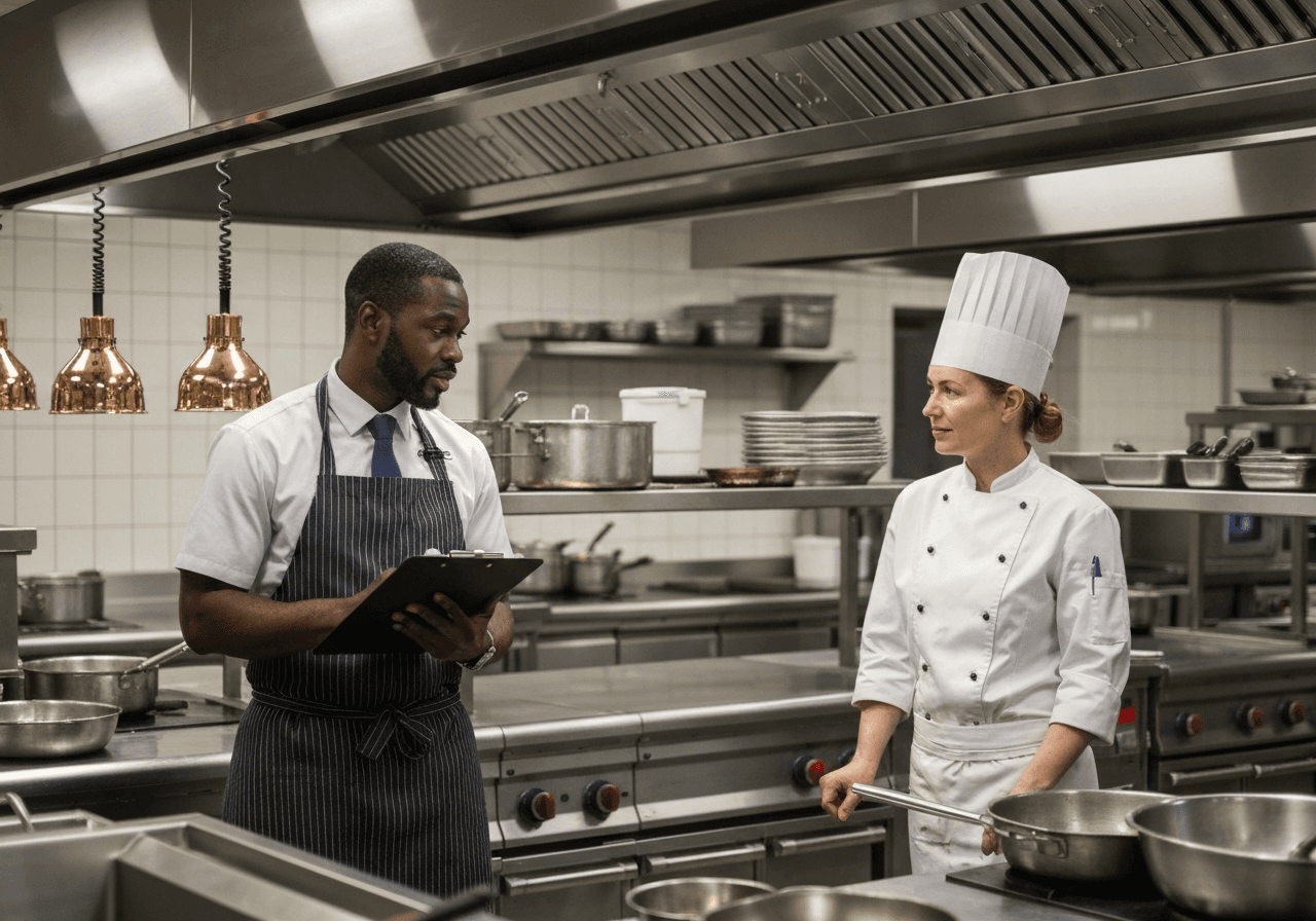 Food safety consultant auditing a hotel kitchen with a head chef