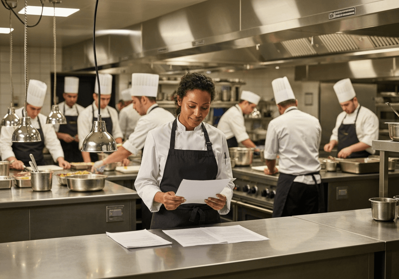 Hotel banqueting kitchen with chefs following colour-coded food safety procedures