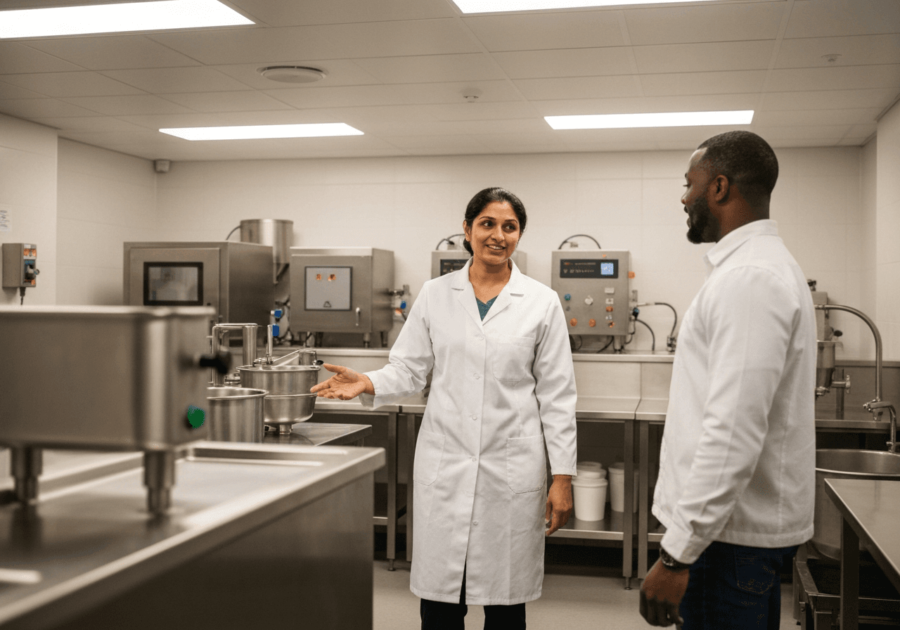Food safety consultant presenting approval documents to a small producer in a production facility