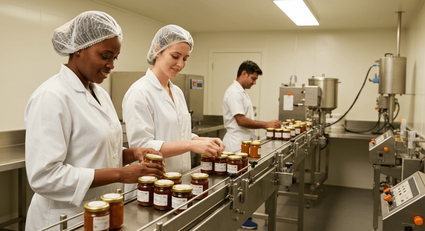 Artisan food producer inspecting product labels in a small-scale production kitchen